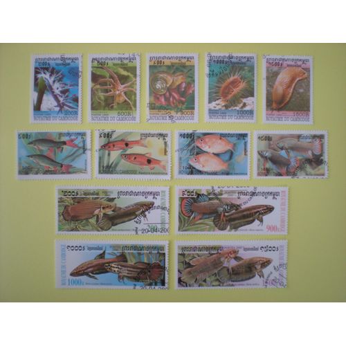 Lot De 13 Timbres Oblitérés - Royaume Du Cambodge - Mollusques Et Poissons