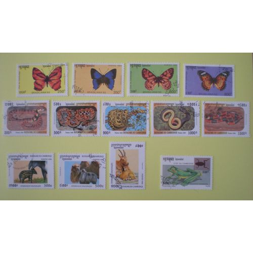 Lot De 13 Timbres Oblitérés - Royaume Du Cambodge - Papillons, Serpents Et Animaux Sauvages