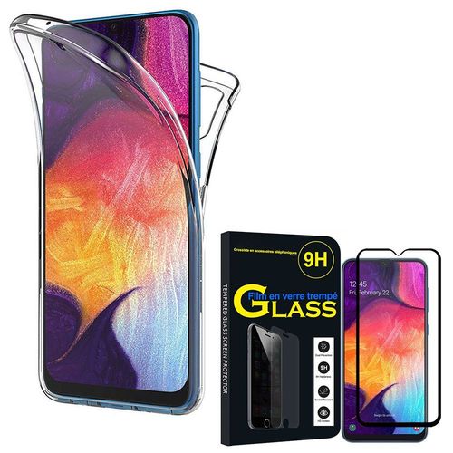 Coque Avant Et Arrière Silicone Pour Samsung Galaxy A50 Sm-A505f 6.4" 360° Protection Intégrale - Transparent + 1 Film Verre Trempé - Noir