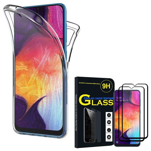 Coque Avant Et Arrière Silicone Pour Samsung Galaxy A50 Sm-A505f 6.4" 360° Protection Intégrale - Transparent + 2 Films Verre Trempé - Noir