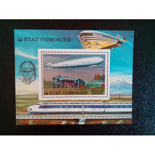 Timbre Comores Yt Bf 8 «Graf Zeppelin» Dirigeable Et Locomotive «Nord-Express» 1977 ( 2612 )