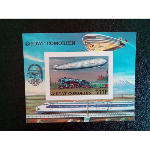 Timbre Comores Yt Bf 8 B «Graf Zeppelin» Dirigeable Et Locomotive «Nord-Express» 1977 ( 2612 )