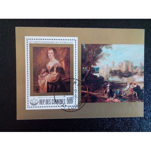 Timbre Comores M I Bl 164 Rubens. Portrait D'une Dame Avec Un Petit Chien. 1978 ( 2612 )