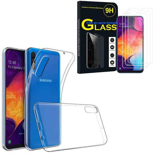 Coque Silicone Pour Samsung Galaxy A50 Sm-A505f 6.4" Gel Ultraslim Et Ajustement Parfait - Transparent + 3 Films Verre Trempé