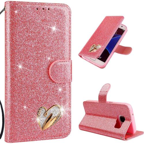 Coque Pour Samsung Galaxy S7 Edge Pas Pour S7 Coque Case Étui Pu Portefeuille Housse Luxe Bling Paillette Rabat Magnétique Flip Cover Porte Carte Antichoc Pour Samsung Galaxy S7 Edgerose