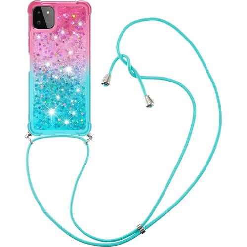 Coque Collier Pour Samsung Galaxy A22 5g, Ultra Mince Liquide Paillette Silicone Tpu Housse Étui De Téléphone Avec Cordon Collier Tour De Cou Lanière Coque Pour Samsung A22 5g, Rose Vert