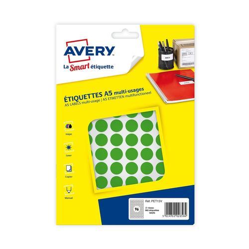 Avery Lot De 3 Sachets De 960 Pastilles Ø15 Mm. Imprimables. Coloris Vert