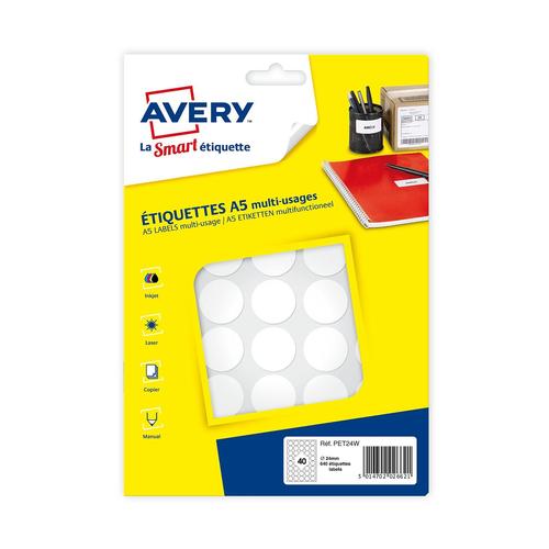 Avery Lot De 3 Sachets De 640 Pastilles Ø24 Mm. Imprimables. Coloris Blanc