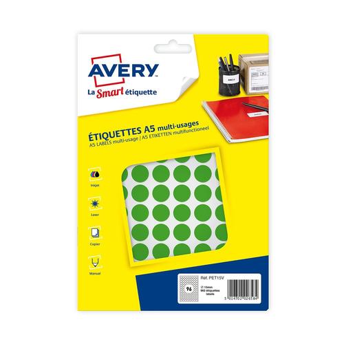 Avery Lot De 5 Sachets De 960 Pastilles Ø15 Mm. Imprimables. Coloris Vert