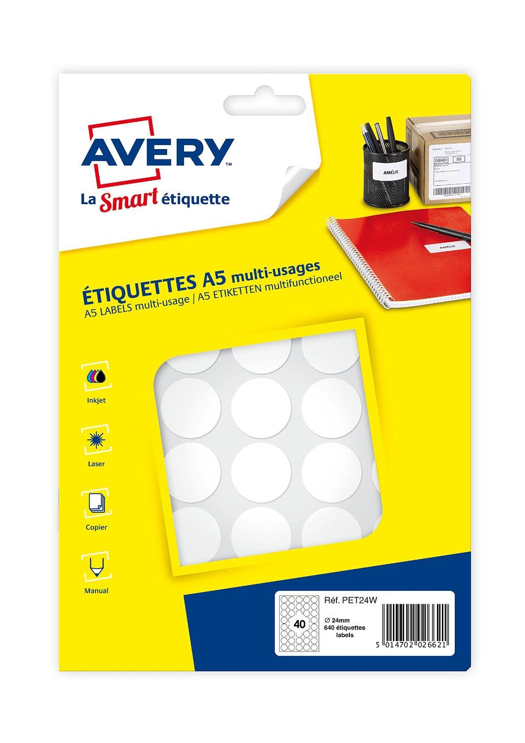 Avery Lot De 5 Sachets De 640 Pastilles Ø24 Mm. Imprimables. Coloris Blanc