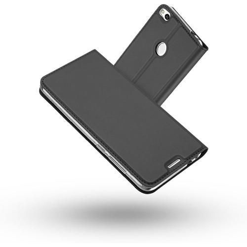 Coque Huawei P8 Lite 2017, Ultra Mince En Cuir Pu Premium Housse À Rabat Antichoc Tpu Étui De Protection Bumper Folio À Clapet Avec Fermoir Magnétique Pour Huawei P8 Lite 2017 Gris-Noir