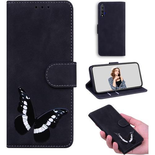 Coque Cuir Pour Huawei Nova 5t/Honor 20 Étui Flip Stand Wallet Cover Butterfly Skin Friendly Pu Cuir Folio Tpu Coque Intérieure Fente Pour Carte Case Pour Huawei Nova 5t/Honor 20 Le Noir