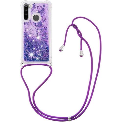 Coque Cordon De Collier Compatible Avec Xiaomi Redmi Note 8 Fille Personnalisé Liquide Paillette Dégradé Transparente Antichoc Étui Housse Réglable Téléphone Lanyard Redmi Note 8 Pourpre