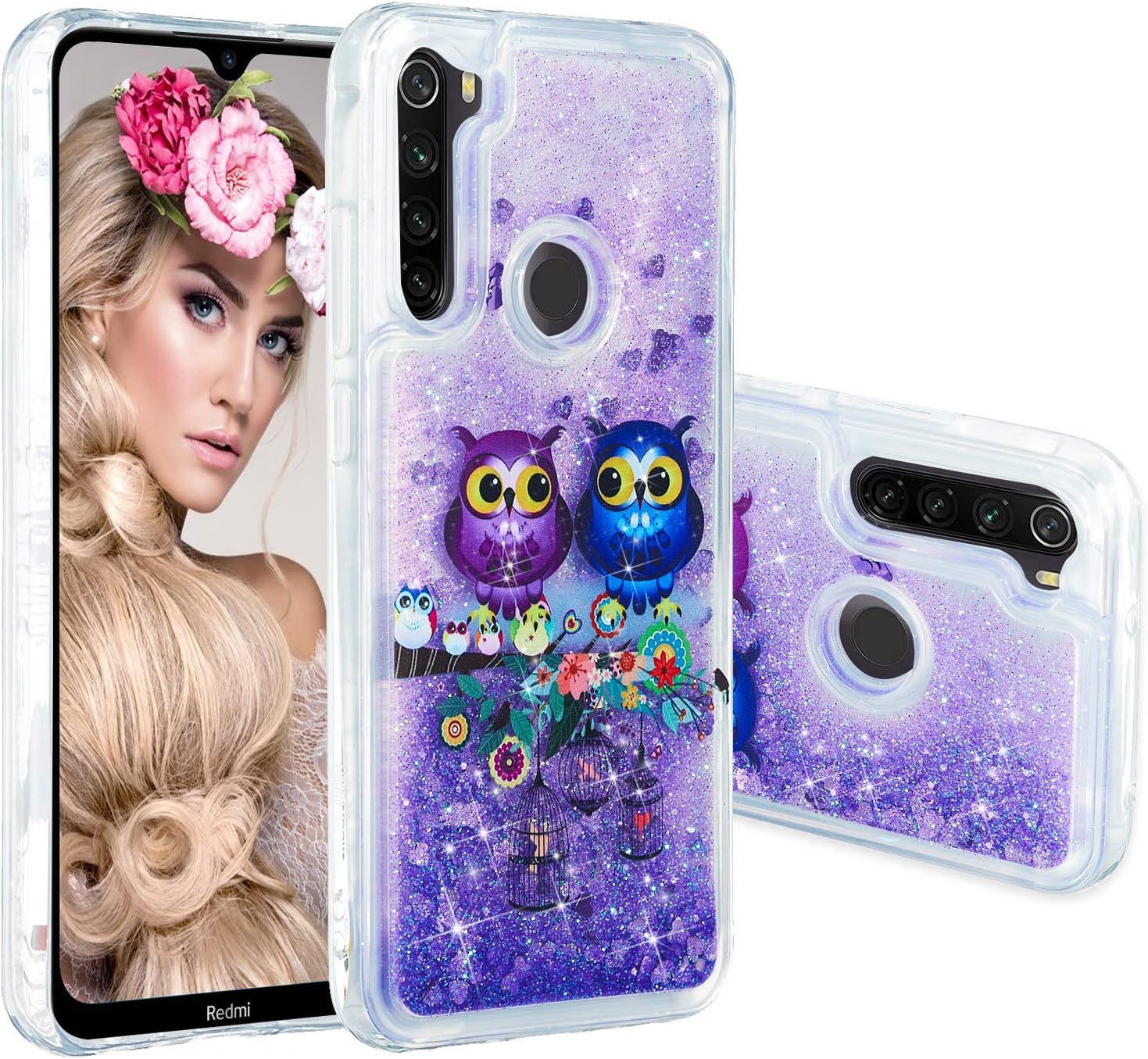 Liquide Coque Xiaomi Redmi Note 8t Glitter Étui Magnifique Shiny Pourpre Paillettes Sables Mouvants Transparente Arrière Flowing Housse Amour Style Cute Lovely Dynamique Phone Case Hibou