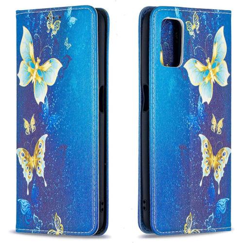 Compatible Avec Coque Oppo A72/A52/A92, Housse En Cuir Pu Etui À Rabat Clapet Portefeuille De Protection Avec Motif, Porte Carte Et Magnétique Coque Silicone Antichoc Case, Papillon Bleu