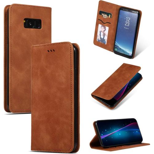 Étui Coque Pour Samsung S8 Plus/S8+ Premium En Cuir Affaires Folding Folio Housse Téléphone Portable Étui Magnétique Loquet Pu Leather Rabat Wallet Case Cover Antichoc Housse G955 Marron