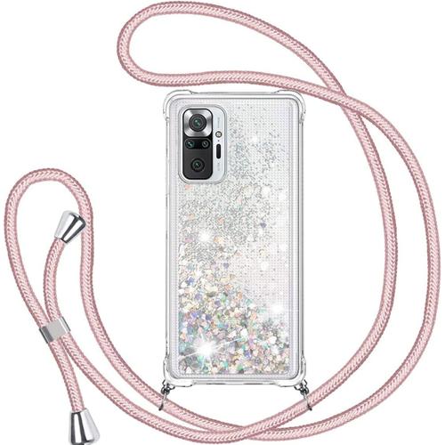 Glitter Coque Avec Cordon De Collier Pour Xiaomi Redmi Note 10 Pro 4g/10 Pro Max Housse Transparent Paillettes Protection Antichoc Silicone Souple Tpu Bumper, Etui Brillante Avec Réglable