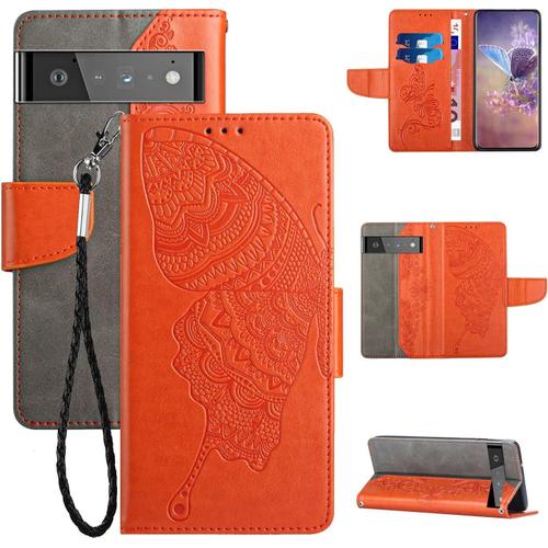 Coque En Pu Cuir Pour Google Pixel 6 Étui Flip Cover Clapet De Protection Portefeuille Avec Motif Papillon Gaufrage Orange Housse Magnétique Case Wallet Antichoc Cover Pour Google Pixel 6