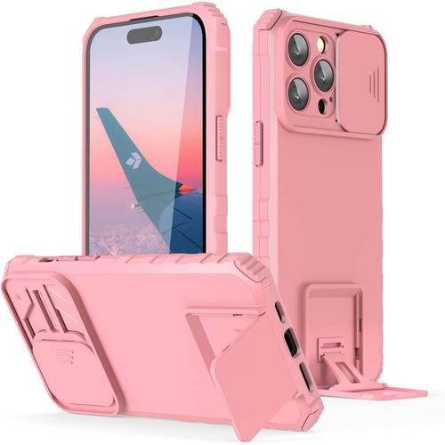 Coque Compatible Iphone 14 Pro Max Avec Support Et Conception De Caméra Coulissante, Châssis De Téléphone Portable Double Couche Résistant Aux Chocs Pour Iphone 14 Pro Max 6.7 Pouces Rose