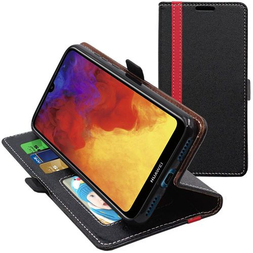 Ebeststar - Coque Huawei Y6 2019 Etui Portefeuille Porte-Cartes Support Stand, Noir / Rouge [Dimensions Precises Smartphone : 156.3 X 73.5 X 8mm, Écran 6.09'']