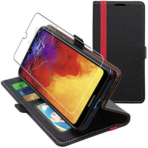 Ebeststar - Coque Huawei Y6 2019 Etui Portefeuille Porte-Cartes Support Stand, Noir / Rouge [Dimensions Precises Smartphone : 156.3 X 73.5 X 8mm, Écran 6.09''] [Nb: Lire Description]