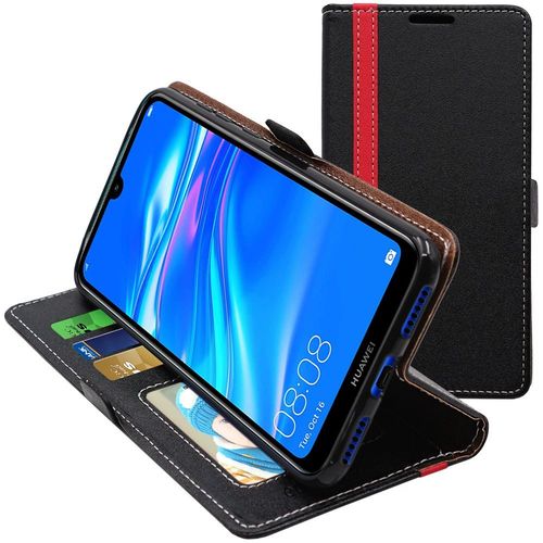 Ebeststar - Coque Huawei Y7 2019 Etui Portefeuille Porte-Cartes Support Stand, Noir / Rouge [Dimensions Precises Smartphone : 158.9 X 76.9 X 8.1mm, Écran 6.26'']