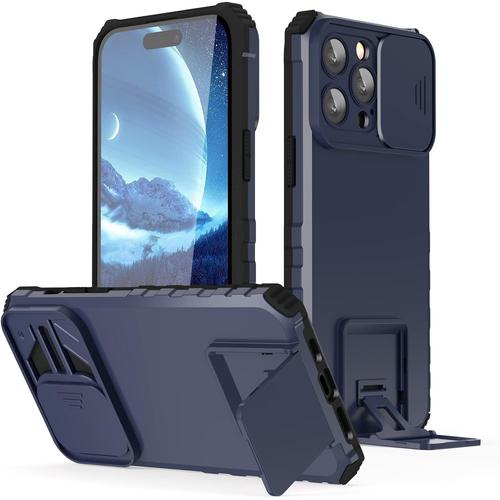 Coque Compatible Iphone 14 Pro Max Avec Support Et Conception De Caméra Coulissante, Châssis De Téléphone Portable Double Couche Résistant Aux Chocs Pour Iphone 14 Pro Max 6.7 Pouces Bleu