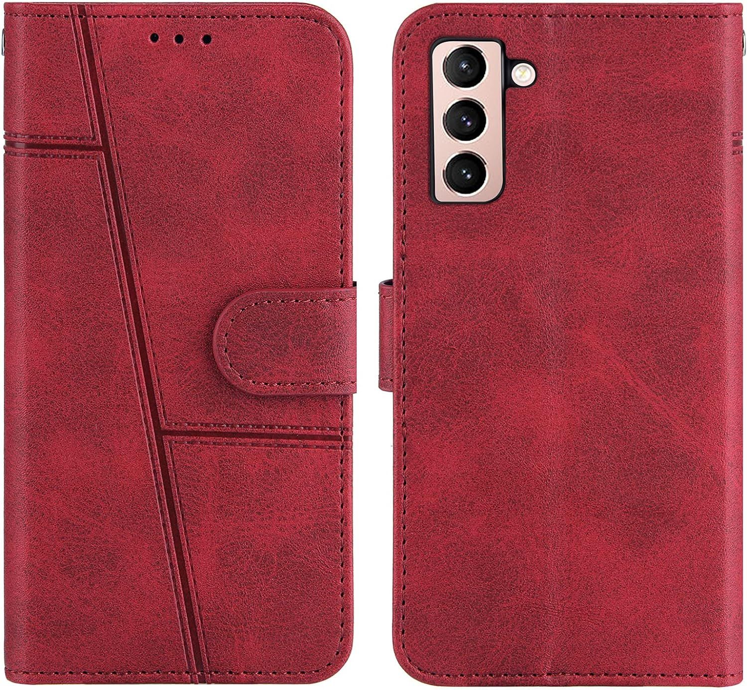 Coque Pour Samsung Galaxy S21 Plus, Housse En Cuir Rabat Portefeuille Cuir Etui, Slim Silicone Tpu Bumper Magnétique Protection Flip Porte Cartes Antichoc Case Pour Samsung S21 Plus Rouge