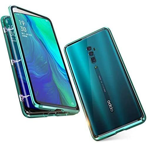 Coque Magnétique Pour Oppo Reno 10x Zoom Reno 5g, 360 Degrés En Métal Antichoc Double Face En Verre Trempé Transparent, Couverture Complète, Adsorption Magnétique En Métal Bumper Case Vert