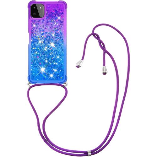 Coque Collier Pour Samsung Galaxy A22 5g, Ultra Mince Liquide Paillette Silicone Tpu Housse Étui De Téléphone Avec Cordon Collier Tour De Cou Lanière Coque Pour Samsung A22 5g, Bleu Violet