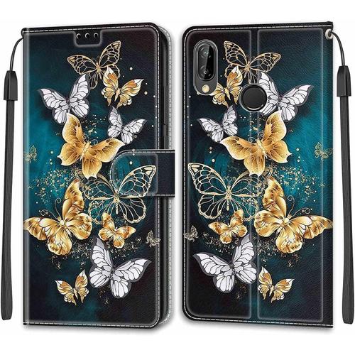 Coque Huawei P20 Lite/Nova 3e, Etui Huawei P20 Lite/Nova 3e, Étui Housse En Cuir Flip Case Fonction Support Housse Avec Fentes De Cartes Magnétique Portefeuille Protection Case Papillon 3