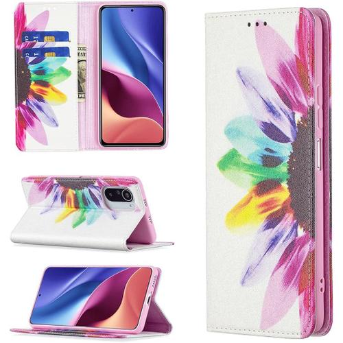 Coque Pour Xiaomi Poco F3/ Mi 11i/ Mi 11x/ Redmi K40 Pu Cuir Magnétique Téléphone Couverture Folio Housse Portefeuille Etui Poche Case Cover Stand Fente Carte Pockets Flip Cover,Sun Flower