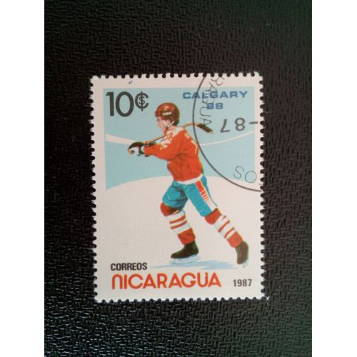 Timbre Nicaragua Yt 1485 B Jeux Olympiques 1988 Calgary - Hockey Sur Glace 1987 ( 6612 )