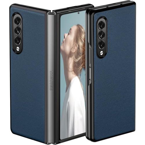 Coque Galaxy Z Fold 3,Élégant Mince Cuir Véritable Confortable Prise Sécurisée Protection Absorbant Les Chocs Flip Flip Cover Prise En Charge De La Charge Sans Fil Pour Galaxy Z Fold 3,Bleu