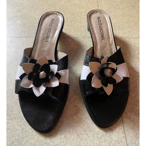 Mules Paolo Visconti Cuir Noir Et Blanc Motif Marguerite 39