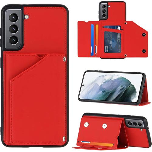 Étui En Cuir Pour Samsung Galaxy S21 5g Coque En Cuir Pu Portefeuille Coque Avec Fente Pour Carte, Fonction Support, Fermeture Magnétique, Tpu Antichoc Protection Housse Silicone Case,Rouge