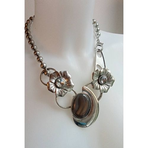 Collier Métal Argenté Et Agate Rubanée