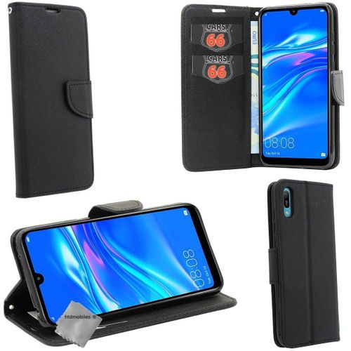 Housse Etui Coque Pochette Portefeuille Pour Huawei Y6 (2019) + Verre Trempe - Noir / Noir