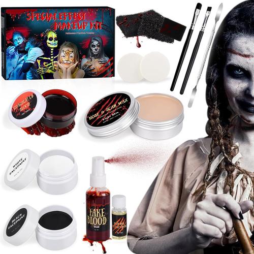 Halloween Noir Blanc Makeup Set, Halloween Horror Makeup Set Halloween Maquillage De Fausse Cicatrice , Maquillage Cicatrice Wax Kit Avec ¿¿Ponge, Spatule, Huile D'extension, Gel De Sang 