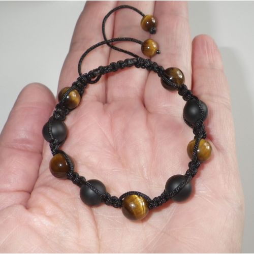 Bracelet Pierres Naturelles Oeil De Tigre Et Agates Noires Dépolies Ref. 6