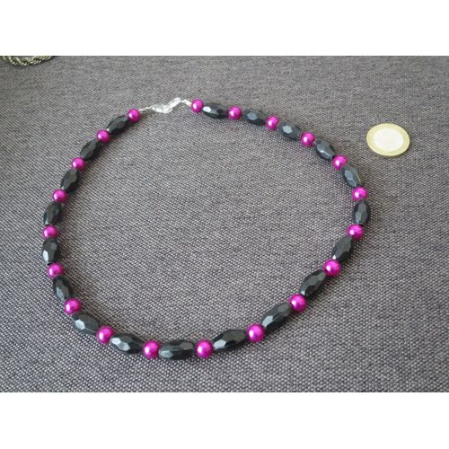 Collier Perles De Jais Noires Et Perles Roses