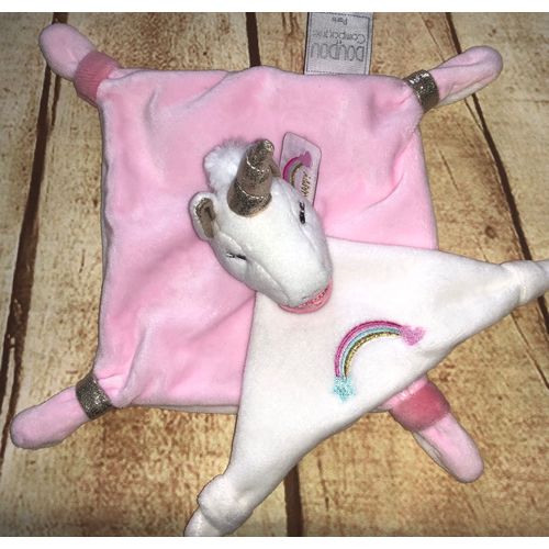 Doudou Plat Licorne Rose & Blanc Arc En Ciel Doudou Et Compagnie