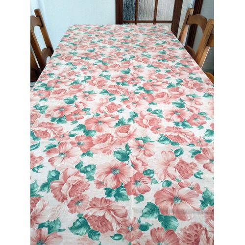 Grande Nappe Rectangulaire Rose Saumon À Fleurs Assorties Et Des Feuilles Vertes 295 X 155 Cm Coton Polyester