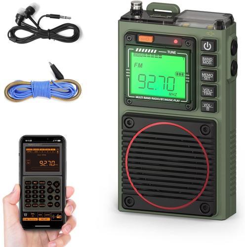 RF75A Radio à Ondes Courtes de contrôle par Application Récepteur Portable AM/FM/VHF/SW avec Radio de Poche Rechargeable BT avec antenne Filaire de 3 mètres