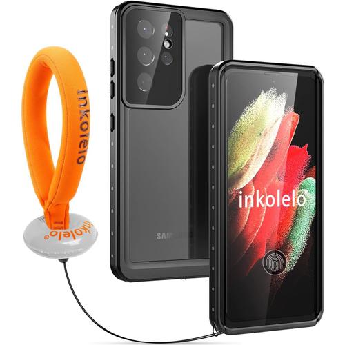 Coque Etanche Pour Samsung Galaxy S21 Ultra Antichoc, 360 Degrés Anti-Rayures Militaire Rigide Intégrale Bumper Étanche Avec Dragonne Flottante, Ip68 Imperméable Incassable 6,8"" Noir&orange