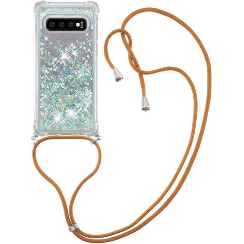 Coque Collier Pour Samsung Galaxy S10 Plus, Ultramince Liquide Paillette Silicone Tpu Premium Housse Étui De Téléphone Avec Cordon Collier Tour De Cou Lanière Pour Samsung S10+, Argent