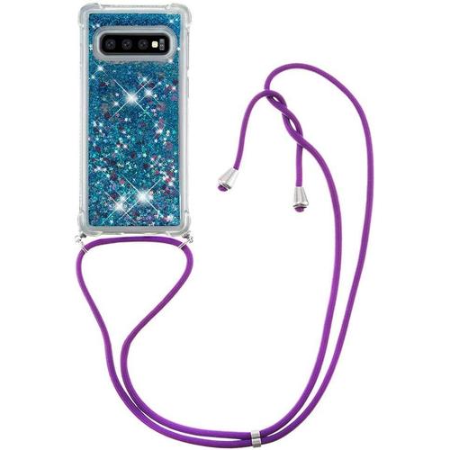 Coque Collier Pour Samsung Galaxy S10 Plus, Ultramince Liquide Paillette Silicone Tpu Premium Housse Étui De Téléphone Avec Cordon Collier Tour De Cou Lanière Pour Samsung S10+, Bleu