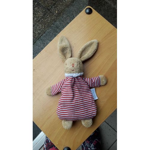 Doudou Lapin De Marque Trousselier Tete Marron Beige Et Le Corp En Tissu Rayer Rouge Et Bleuc Ciel Tete Grelo