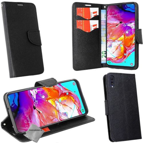 Housse Etui Coque Pochette Portefeuille Pour Samsung Galaxy A70 + Film Ecran - Noir / Noir