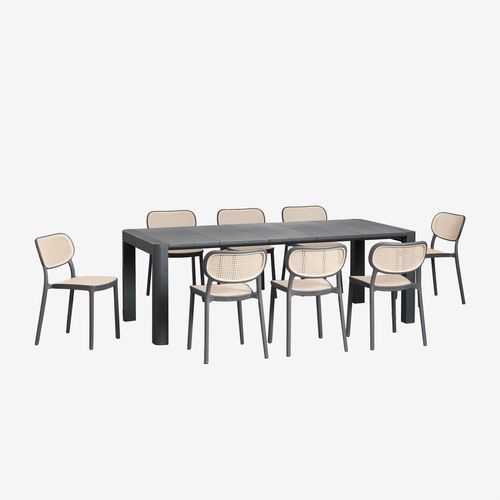 Ensemble Table Rectangulaire Arnadine (220x100 Cm) Et 8 Chaises De Salle À Manger Empilables Omara Gris Graphite